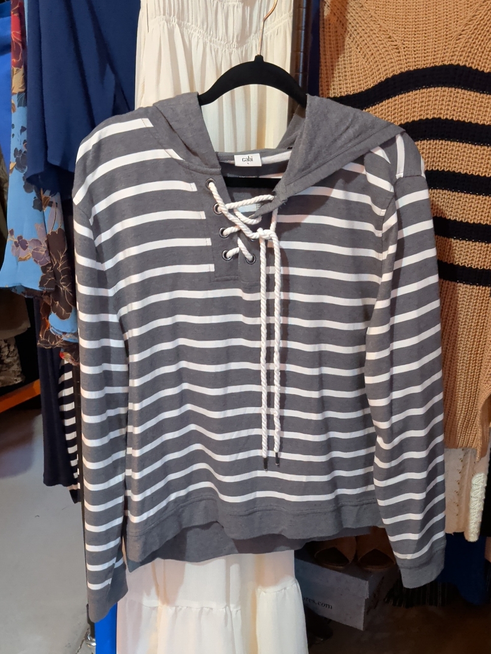 CAbi Gray & White Striped Lace-Up Hooded Pullover